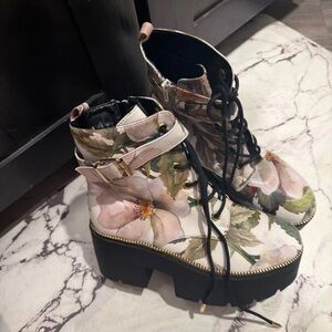 Shoe Republic LA Floral Lace-Up Boots - Black and White